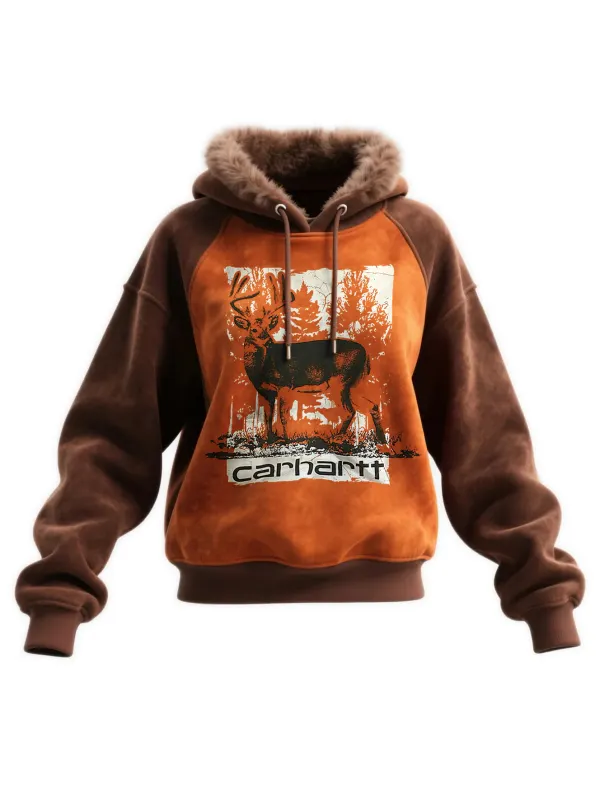 Western Style Women's Suede Contrast Color Stitching Hooded Sweatshirt Fur Collar Hooded Sweatshirt - Hoplady.chimpone.com 