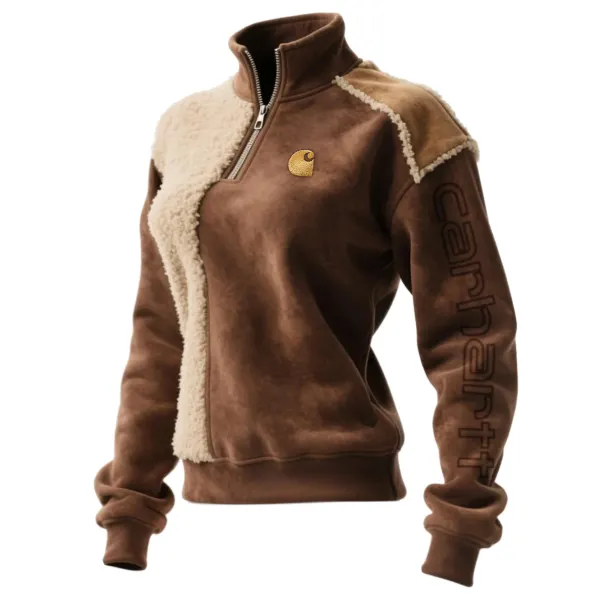 Women's Retro Western Style Contrast Color Lambswool And Suede Stand Collar Sweatshirt - Wayrates.com 