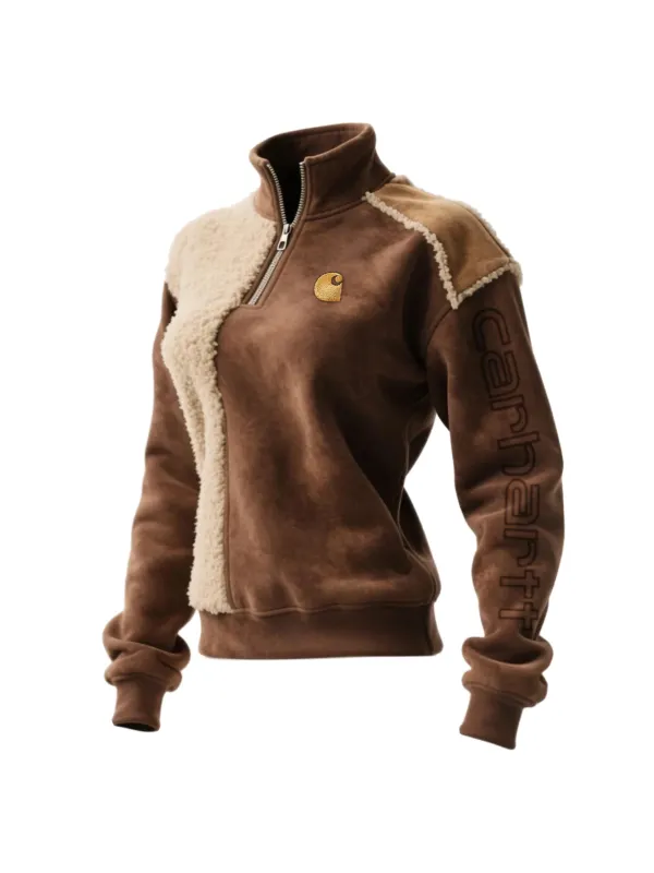 Women's Retro Western Style Contrast Color Lambswool And Suede Stand Collar Sweatshirt - Hoplady.chimpone.com 