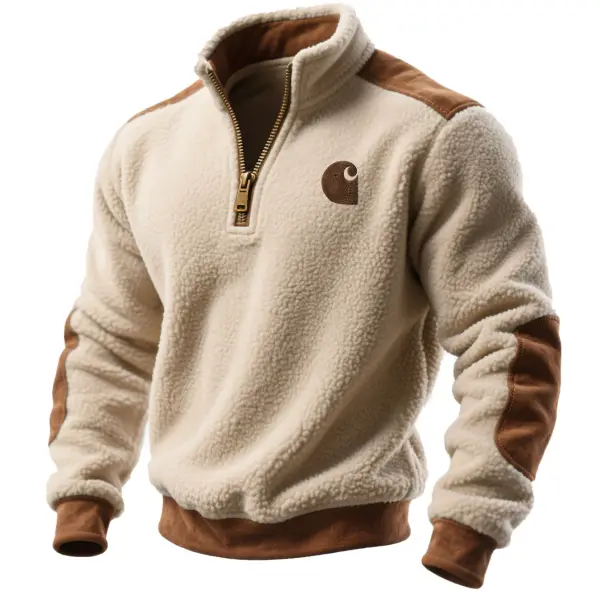 Carhartt Men's Vintage Embroidered Beige Fleece Suede Quarter-Zip Stand-Collar Sweatshirt - Wayrates.chimpone.com 