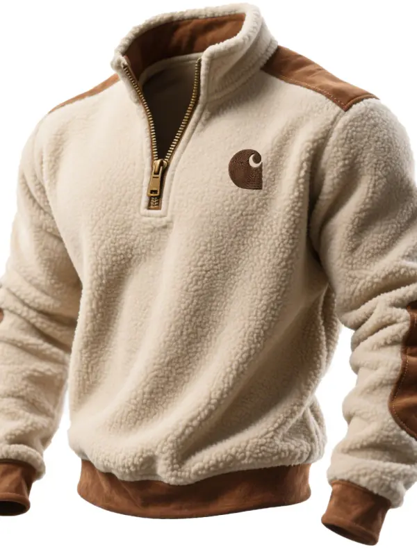 Men's Vintage Embroidered Beige Fleece Suede Quarter-Zip Stand-Collar Sweatshirt - Wantbright.com 