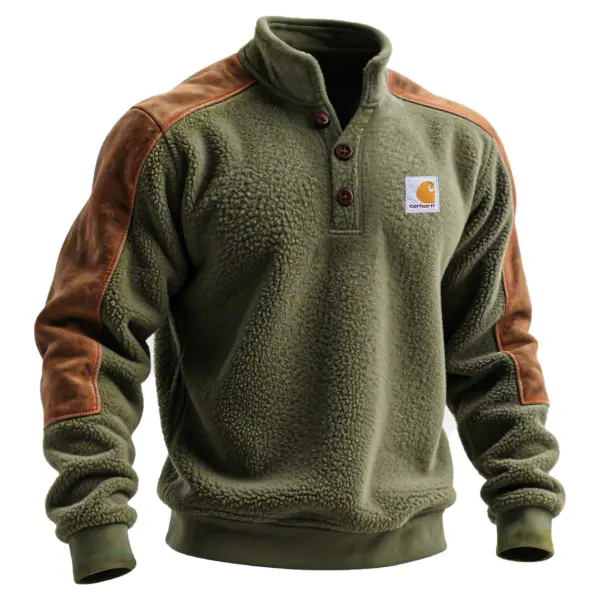 Carhartt Men's Vintage Olive Green Fleece Suede Button Stand-Collar Sweatshirt - Wayrates.chimpone.com 