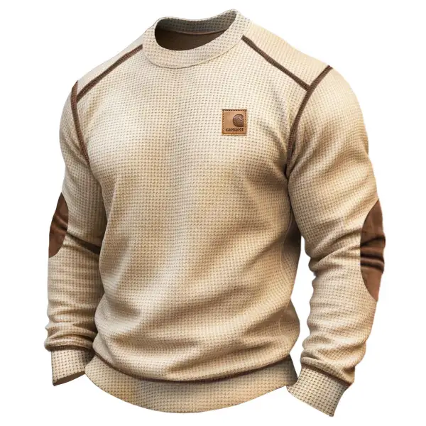 Men's Vintage Apricot Waffle Knit Crewneck Suede Patches Sweatshirt - Wayrates.chimpone.com 