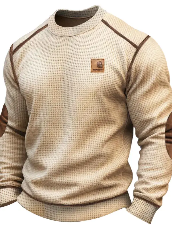Carhartt Men's Vintage Apricot Waffle Knit Crewneck Suede Patches Sweatshirt - Simplyion.com 