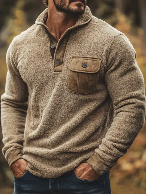 Men's Retro Polar Fleece Stitching Contrast Color Warm Casual Henley Collar Sweatshirt - Simplyion.com 