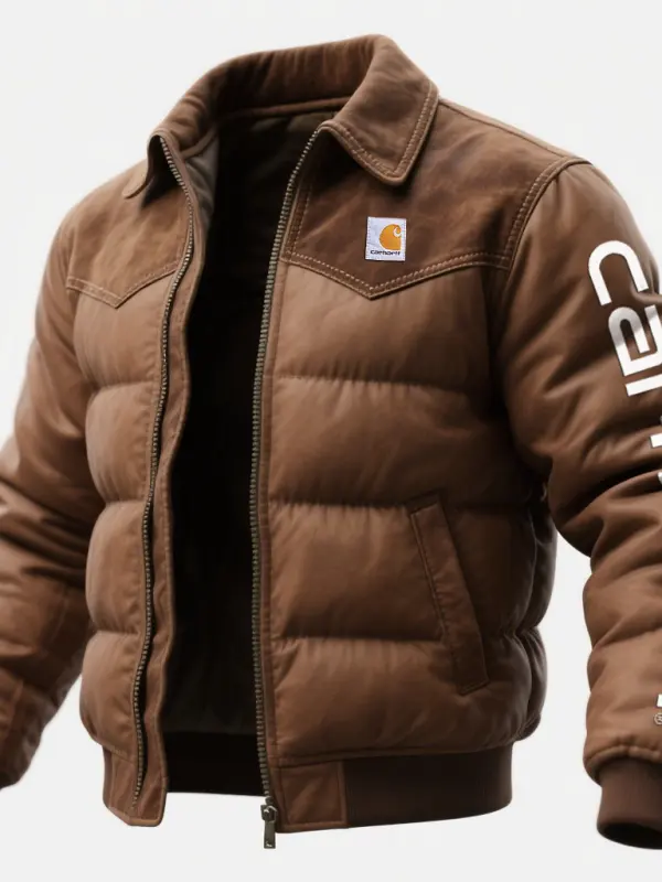Leather Splicing Puffer Jacket With Logo Sleeve Design For Winter Wear - Wantbright.com 