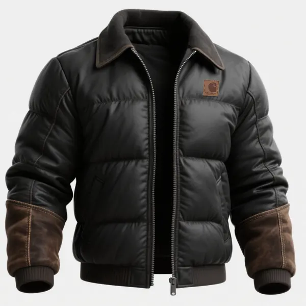 Leather Quilted Puffer Jacket With Outdoor Work Cuff Reinforcement - Wayrates.chimpone.com 