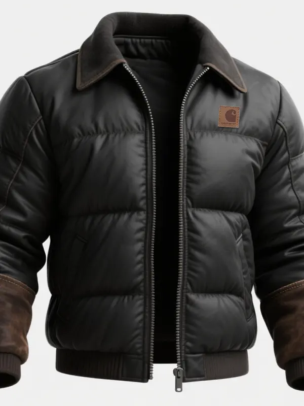 Leather Quilted Puffer Jacket With Outdoor Work Cuff Reinforcement - Wantbright.com 