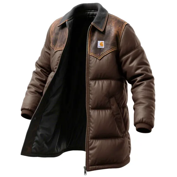 Leather Splicing Long Down Cotton Jacket With Detachable Collar For Winter Warmth - Wayrates.chimpone.com 