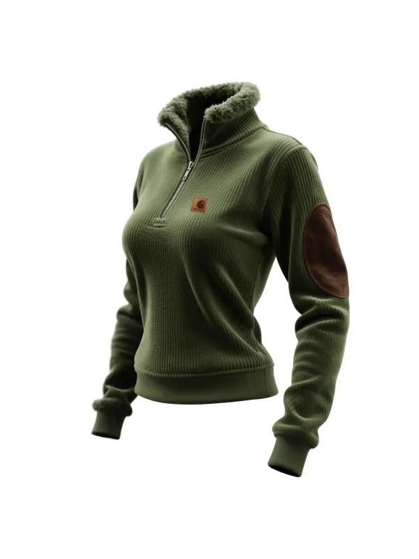 Women's Retro Western Style Corduroy 1/4 Zip Stand Collar Sweatshirt - Hoplady.chimpone.com 
