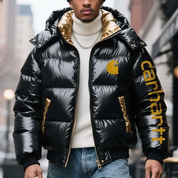 Men's Quilted Puffer Jacket With Gold Graphic Print Urban Style - Wayrates.chimpone.com 
