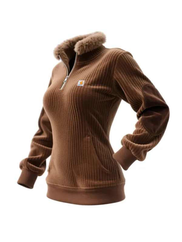 Women's Retro Western Style Corduroy 1/4 Zip Stand Collar Sweatshirt - Hoplady.chimpone.com 