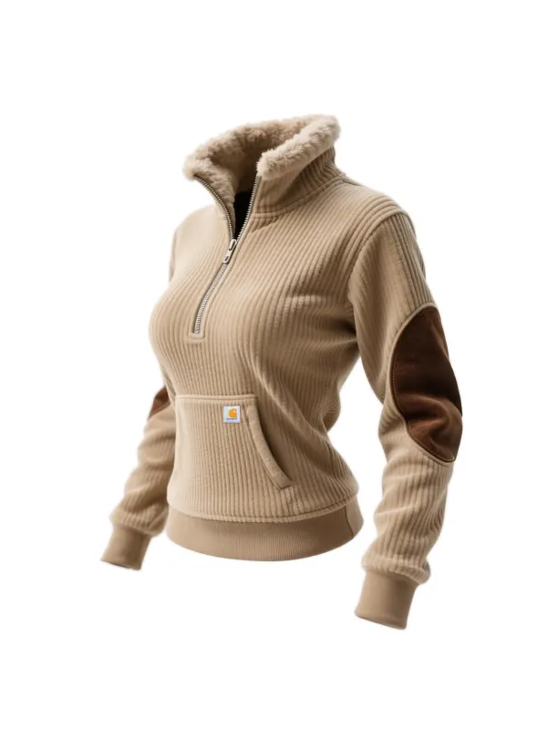 Women's Retro Western Style Corduroy 1/4 Zip Stand Collar Sweatshirt - Hoplady.chimpone.com 