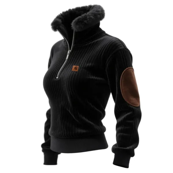 Women's Retro Western Style Corduroy 1/4 Zip Stand Collar Sweatshirt - Wayrates.chimpone.com 