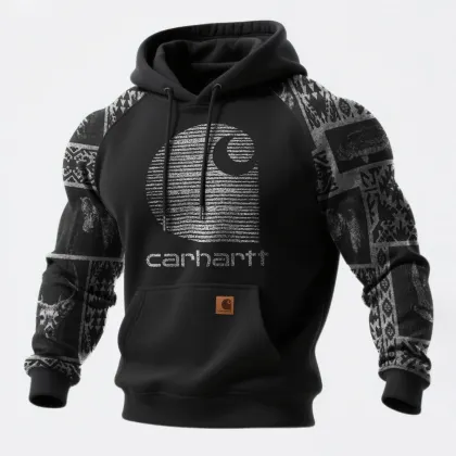 Western Style Ethnic Print Contrast Color Stitching Hooded Sweatshirt