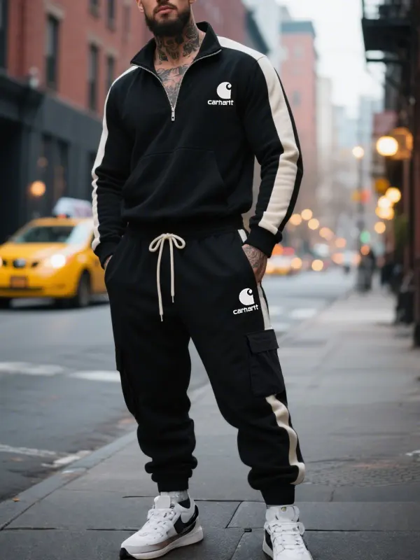 Men's Urban Street Style In Black Colorblock Tracksuit - Simplyion.com 