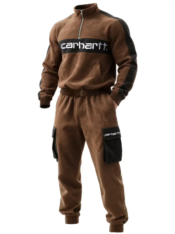 Men's Retro Embroidery Tracksuit With Black Accents Brown - Simplyion.com 