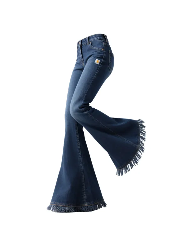 Retro Western-style Women's Washed Denim Tassel Flared Wide-leg Pants - Hoplady.chimpone.com 