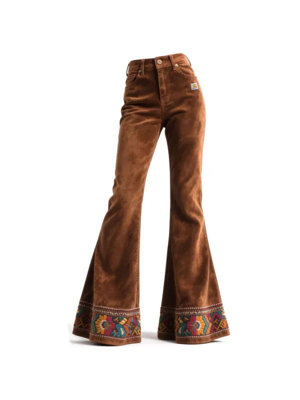 Retro Western Style Women's Ethnic Style Printed Flared Wide Leg Pants Suede Trousers - Hoplady.chimpone.com 