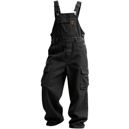 Men's Washed Denim Overalls Jumpsuit Retro Loose Comfortable Lumberjack Pants