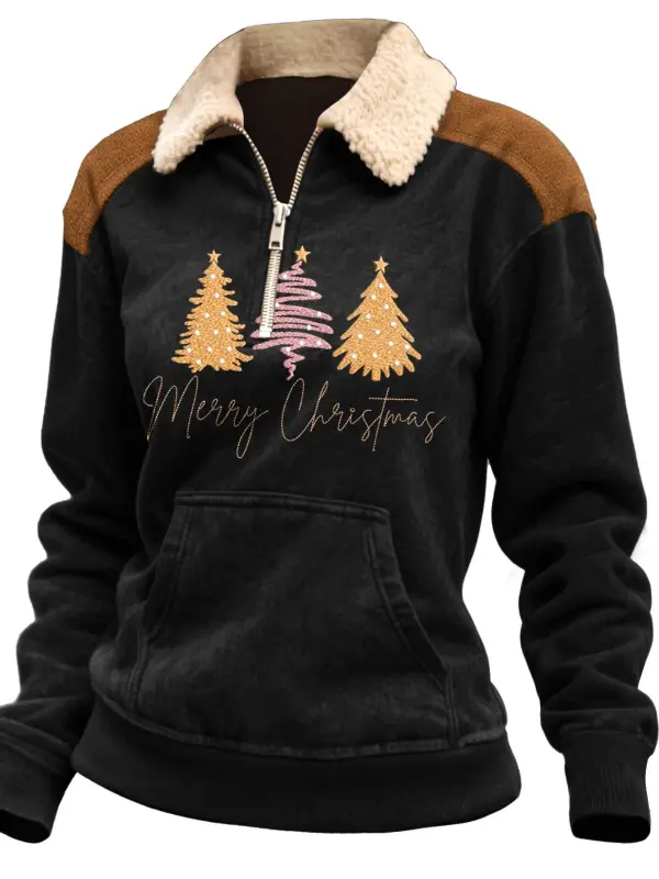 Women's Vintage Merry Christmas Tree Print Pocket Quarter-Zip Fleece Lapel Ugly Christmas Sweatshirt - Simplyion.com 