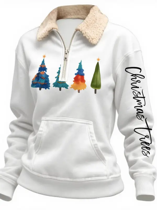 Women's Vintage Merry Christmas Tree Print Pocket Quarter-Zip Fleece Lapel Ugly Christmas Sweatshirt - Wantbright.com 
