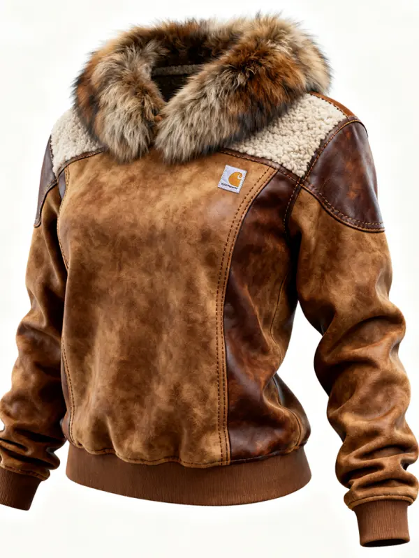 Carhartt Women's Suede Patchwork Leather Fox Fur Collar Sweatshirt - Wantbright.com 