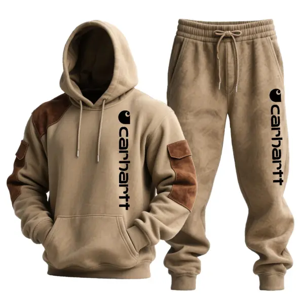 Men's Vintage Khaki Brown Suede Pocket Hoodie And Sweatpants Jogger Set - Upgradecool.com 