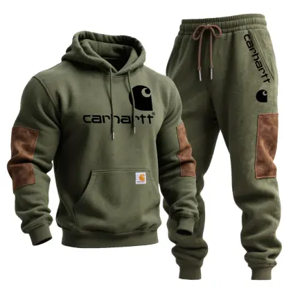 Men's Carhartt Vintage Army Green Stitching Brown Suede Pocket Hoodie And Sweatpants Jogger Set