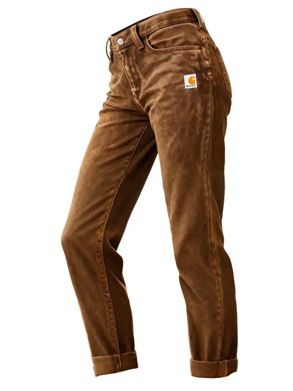 Women's Vintage Brown Distressed Washed Pocket Skinny Pants Trousers - Wantbright.com 