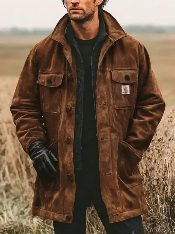 Men's Vintage Dark Brown Suede Lapel Collar Mid-Length Coat Jacket - Simplyion.com 
