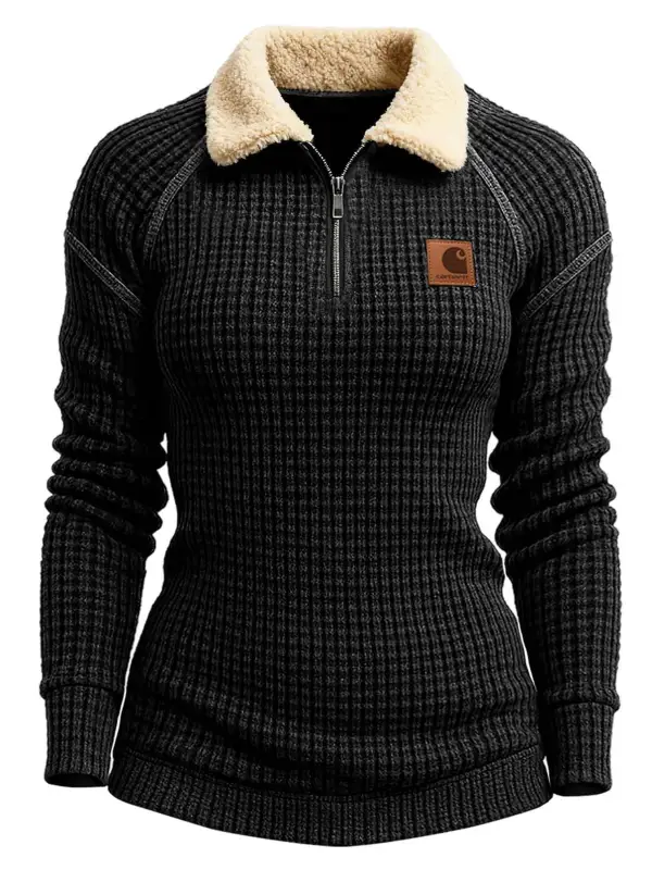 Carhartt Women's Vintage Black Waffle Knit Quarter-Zip Fur Lapel Sweatshirt - Wantbright.com 