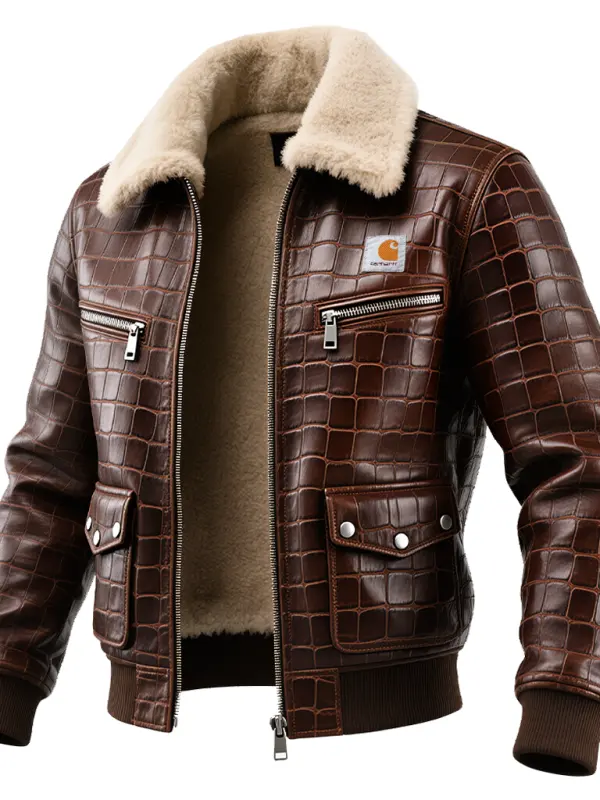 Men's Vintage Brown Crocodile-Texture Leather Jacket With Faux Shearling Collar - Wantbright.com 
