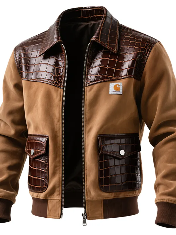 Men's Vintage Brown Leather And Canvas Jacket With Crocodile Texture Details - Simplyion.com 