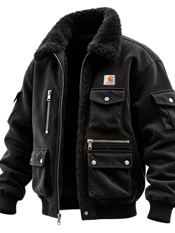 Men's Vintage Black Fleece-Lined Jacket With Multiple Pockets - Simplyion.com 