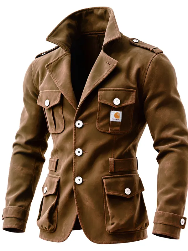 Men's Vintage Brown Jacket With Multiple Pockets And Button Closure - Simplyion.com 