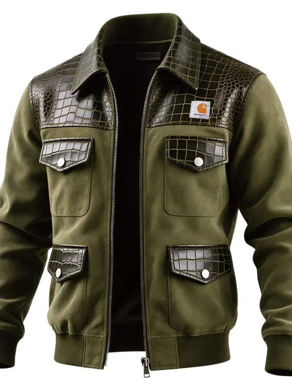 Men's Vintage Crocodile Texture Jacket With Military Green Base - Simplyion.com 
