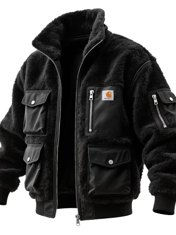 Men's Vintage Black Fleece Bomber Jacket With Zipper Pockets - Simplyion.com 