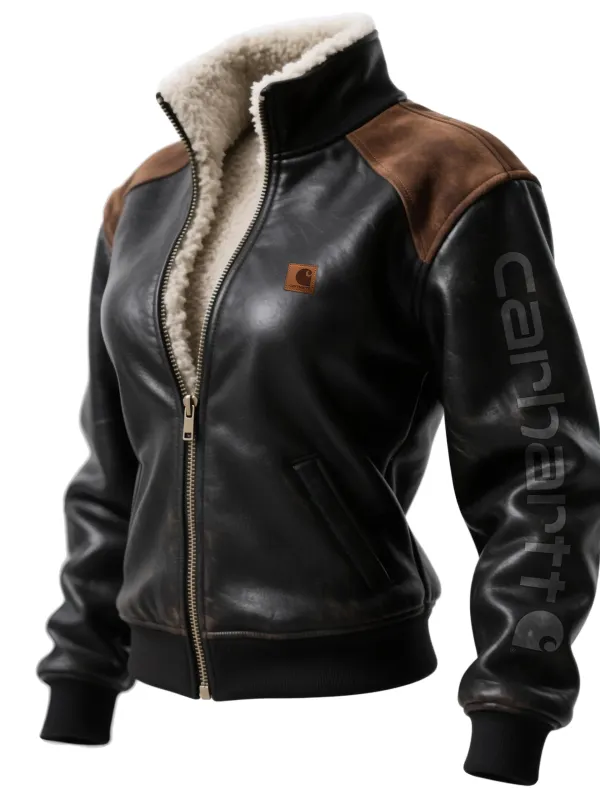 Carhartt Women's Retro Leather Suede Zipper Stand Collar Jacket - Simplyion.com 