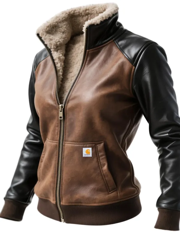 Carhartt Women's Retro Leather Lambswool Lined Zipper Collar Jacket - Wantbright.com 