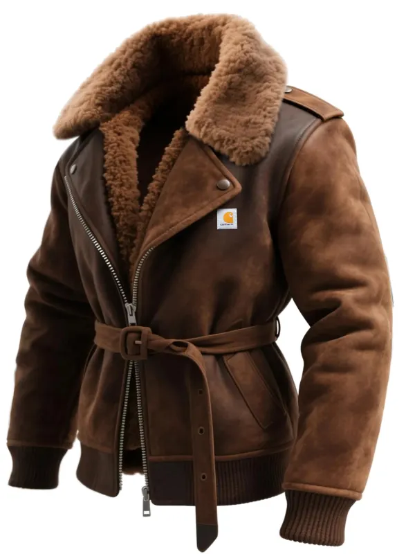 Vintage Fur Collar Lapel Suede Mid-length Jacket With Lambswool Lining And Thickened Jacket - Simplyion.com 