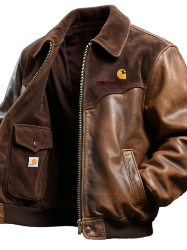 Vintage Water Suede And Leather Lapel Zipper Cardigan Jacket - Simplyion.com 