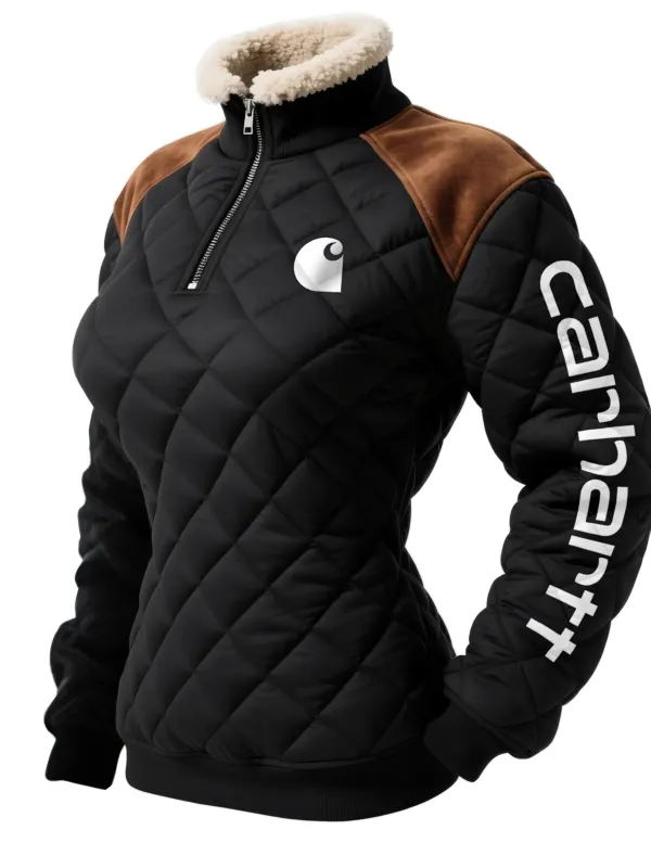 Women's Retro 1/4 Zipper Lambswool Stand Collar Top Quilted Thickened Cotton Sweatshirt Top - Simplyion.com 
