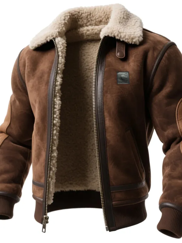 Vintage Fur Collar Lapel Suede Jacket Lambswool Lining Thickened Flight Jacket Coat - Wantbright.com 
