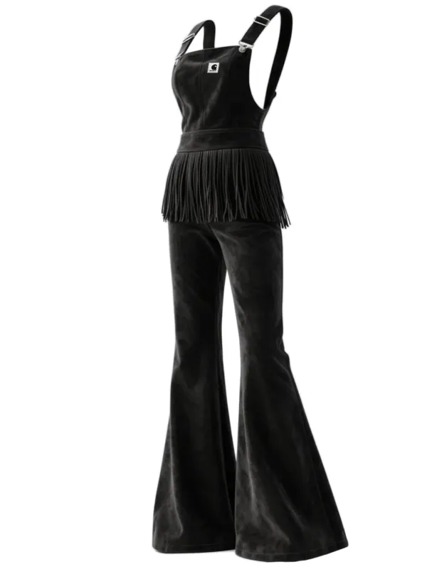 Women's Suede Tassel Overalls Jumpsuit Flared Wide-Leg Pants - Simplyion.com 
