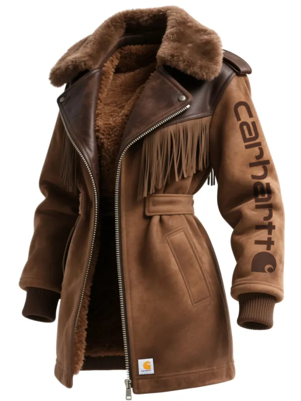 Carhartt Women's Retro Western Suedet Tassel Lapel Coat Wool Lined Jacket - Wantbright.com 