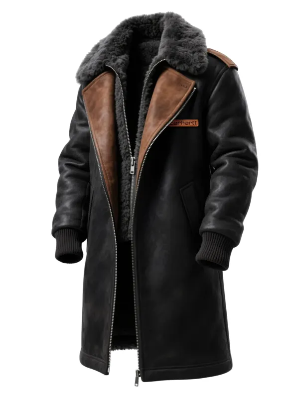 Long Retro Fur Collar Lapel Suede Coat Lambswool Lining Thickened Long Coat Gray Fur Lining Coat - Wantbright.com 