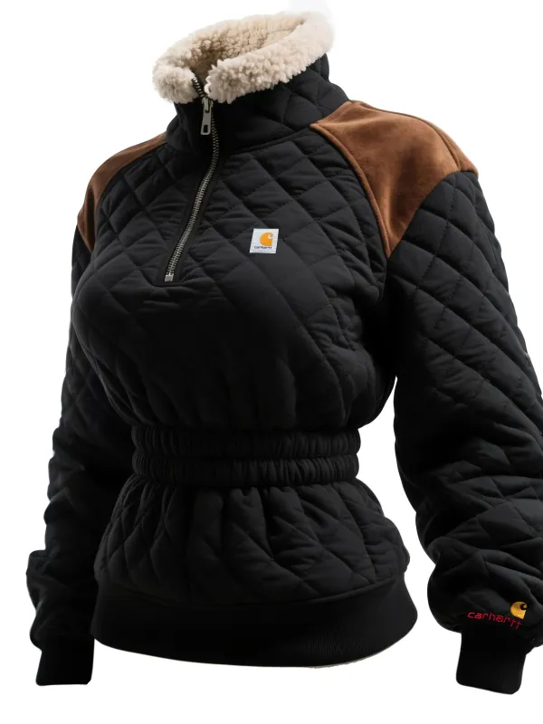 Women's Retro 1/4 Zipper Lambswool Stand Collar Top Elastic Waist Thickened Cotton Top - Simplyion.com 