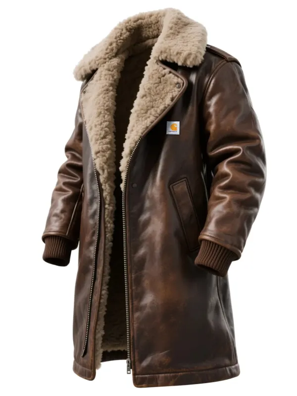 Long Retro Fur Collar Lapel Leather Jacket With Lambswool Lining And Thickened Long Coat - Simplyion.com 