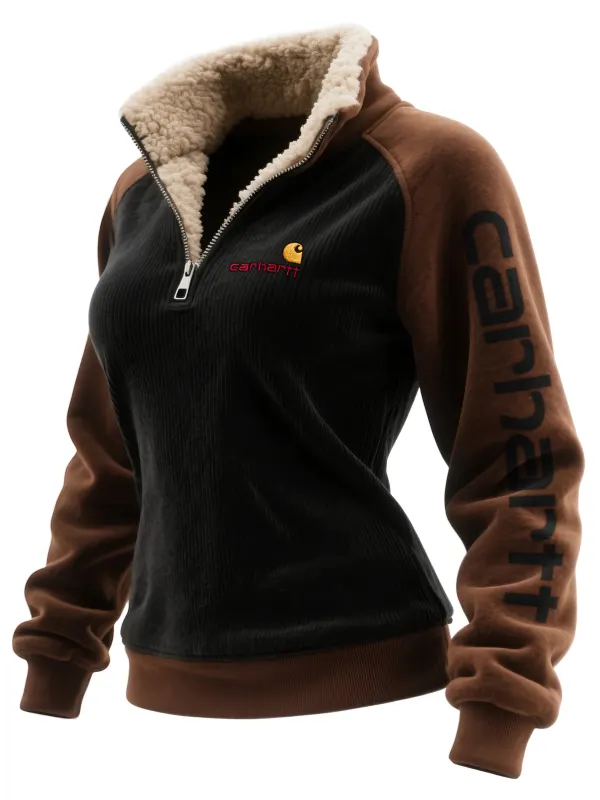 Women's Retro Western Style Corduroy Contrast Panel Suede Stand Collar Sweatshirt - Simplyion.com 